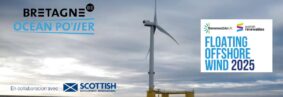 affiche d'une éolienne flottante en Ecosse avec le logo de BOP et de Floating Offshore Wind