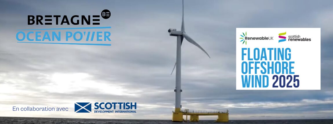 affiche d'une éolienne flottante en Ecosse avec le logo de BOP et de Floating Offshore Wind